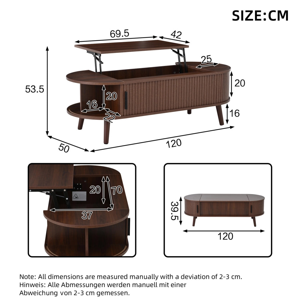 Tavolino da caffè sollevabile 120x50 cm con contenitore noce