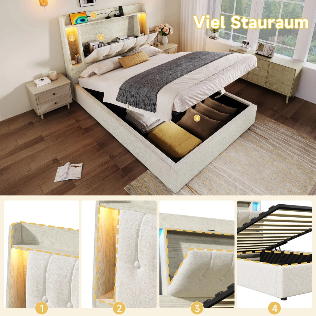 Letto per bambini 90x200 cm con LED; USB e Type-C; testiera con vani e scomparto ribaltabile; lino beige