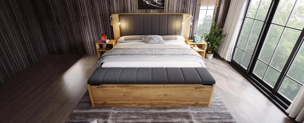 Letto matrimoniale 160x200 cm in legno rovere con testiera reclinabile in lino, due comodini, panca contenitore e luci da lettura USB inclusi con rete e materasso