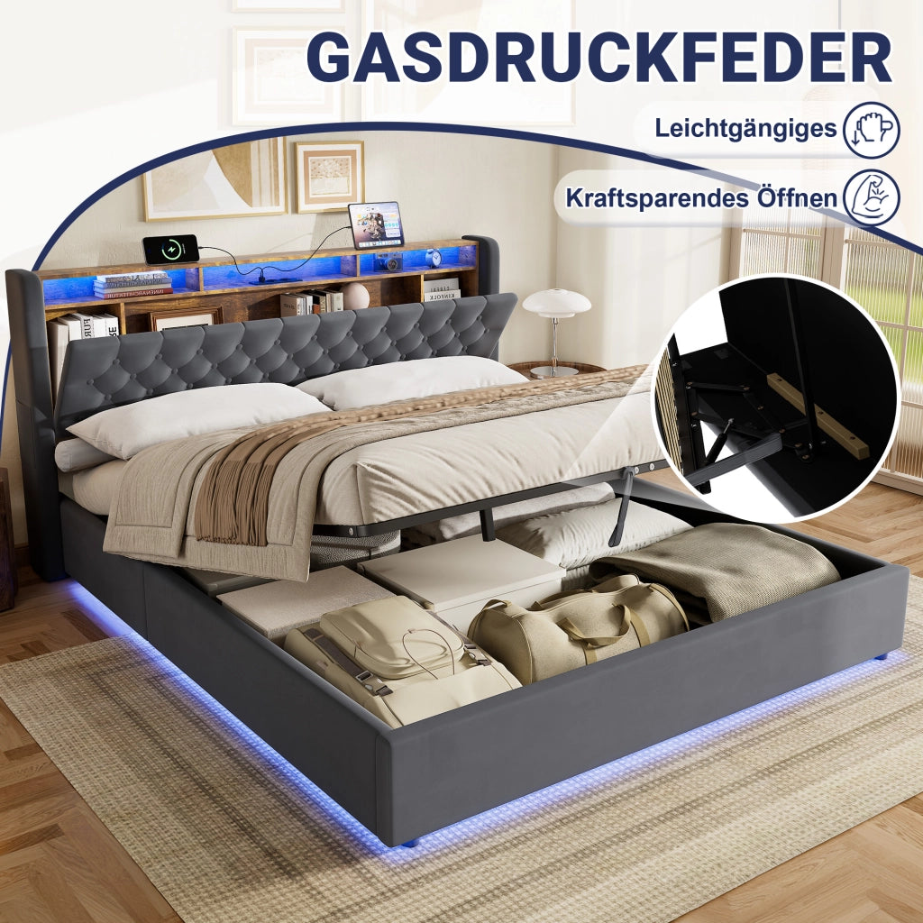 Letto contenitore matrimoniale 180x200 cm;LED;vano contenitore;presa elettrica;testiera reclinabile;base imbottita;grigio scuro;materasso escluso