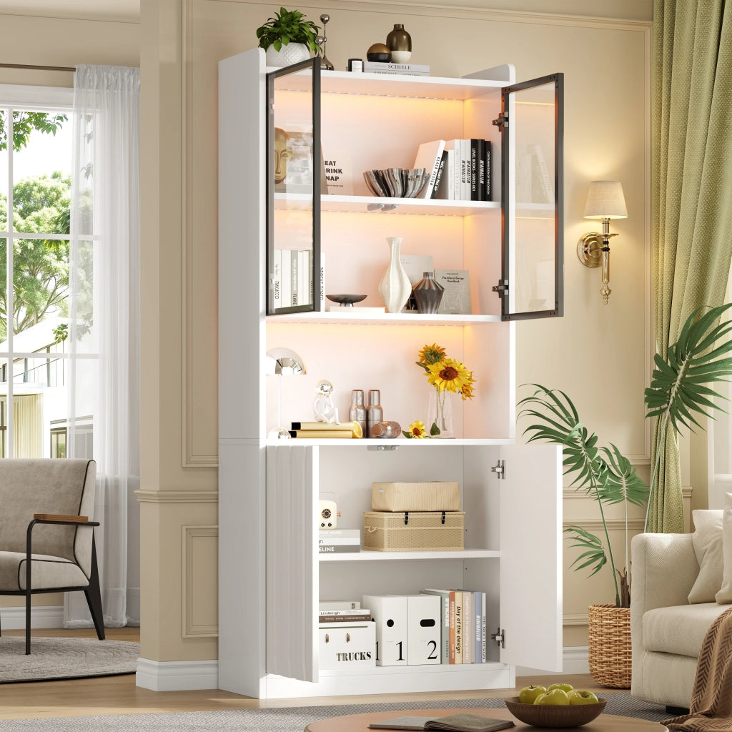 Vetrina con 4 ante; LED Bluetooth e ripiani regolabili in truciolare bianco 80 × 35 × 200 cm