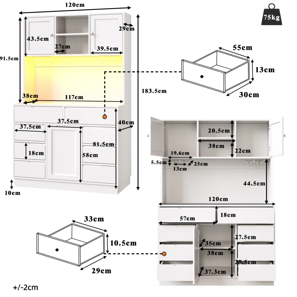Armadio alto moderno bianco con 8 cassetti, ripiani regolabili e illuminazione LED smart 120×40×183,5 cm
