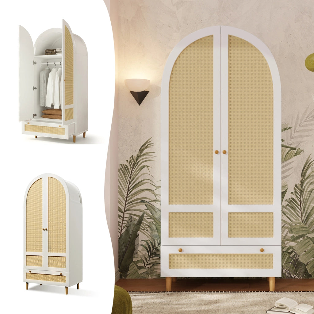 Armadio Bianco 80x50x180 cm in MDF con Design ad Arco; Bastone Appendiabiti e Cassetto per Camera da Letto