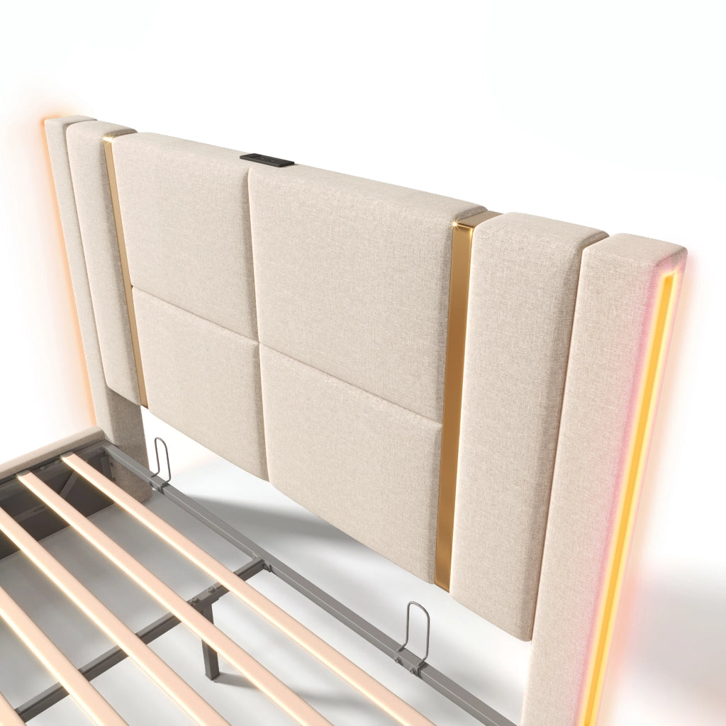 Letto Contenitore 160x200 cm; Letto Matrimoniale - USB; Type-C; LED - in Lino Beige