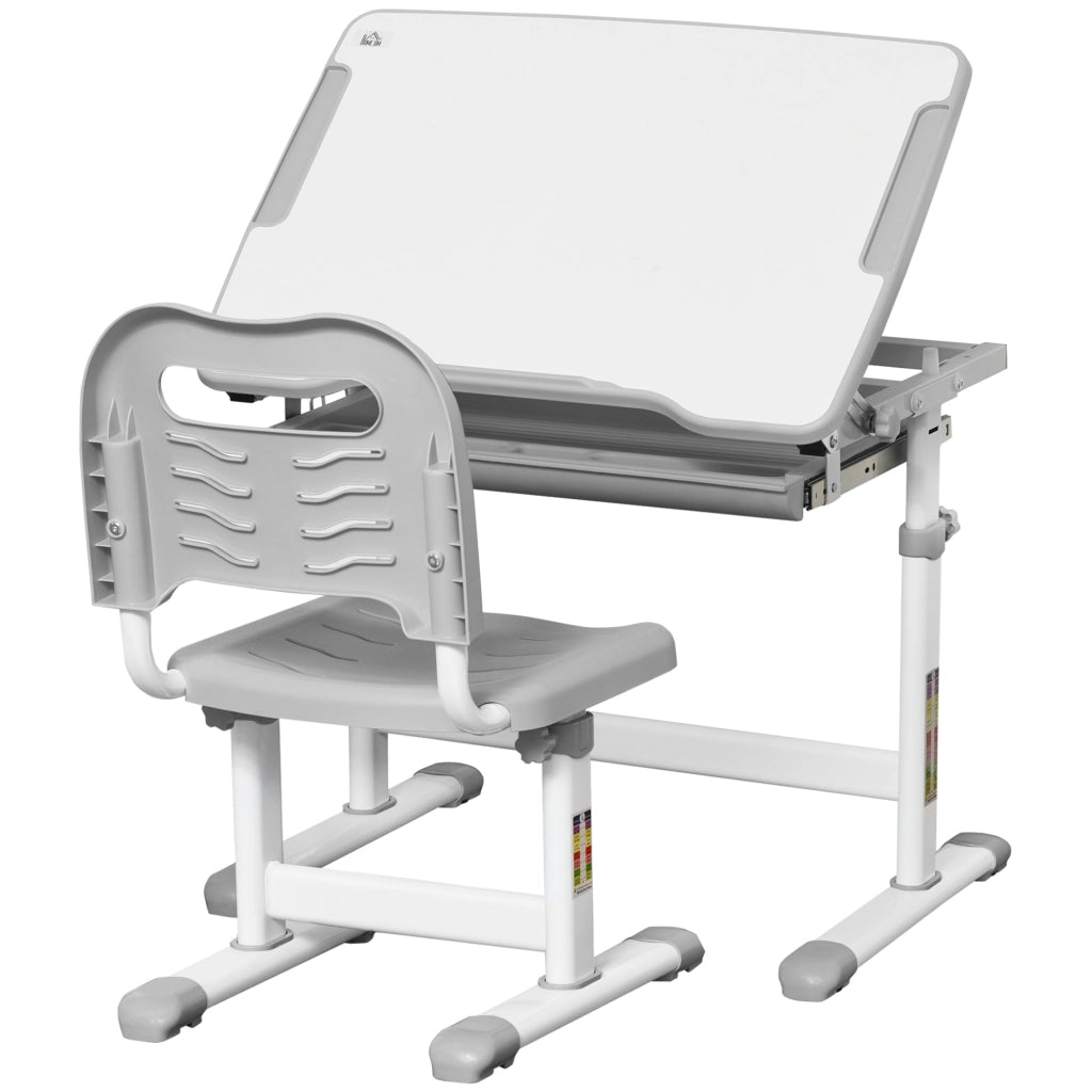 Banco Scuola per Bambini 6-12 Anni con Sedia e Altezza Regolabile, Piano Inclinabile, 66x47x52-77 cm, Grigio