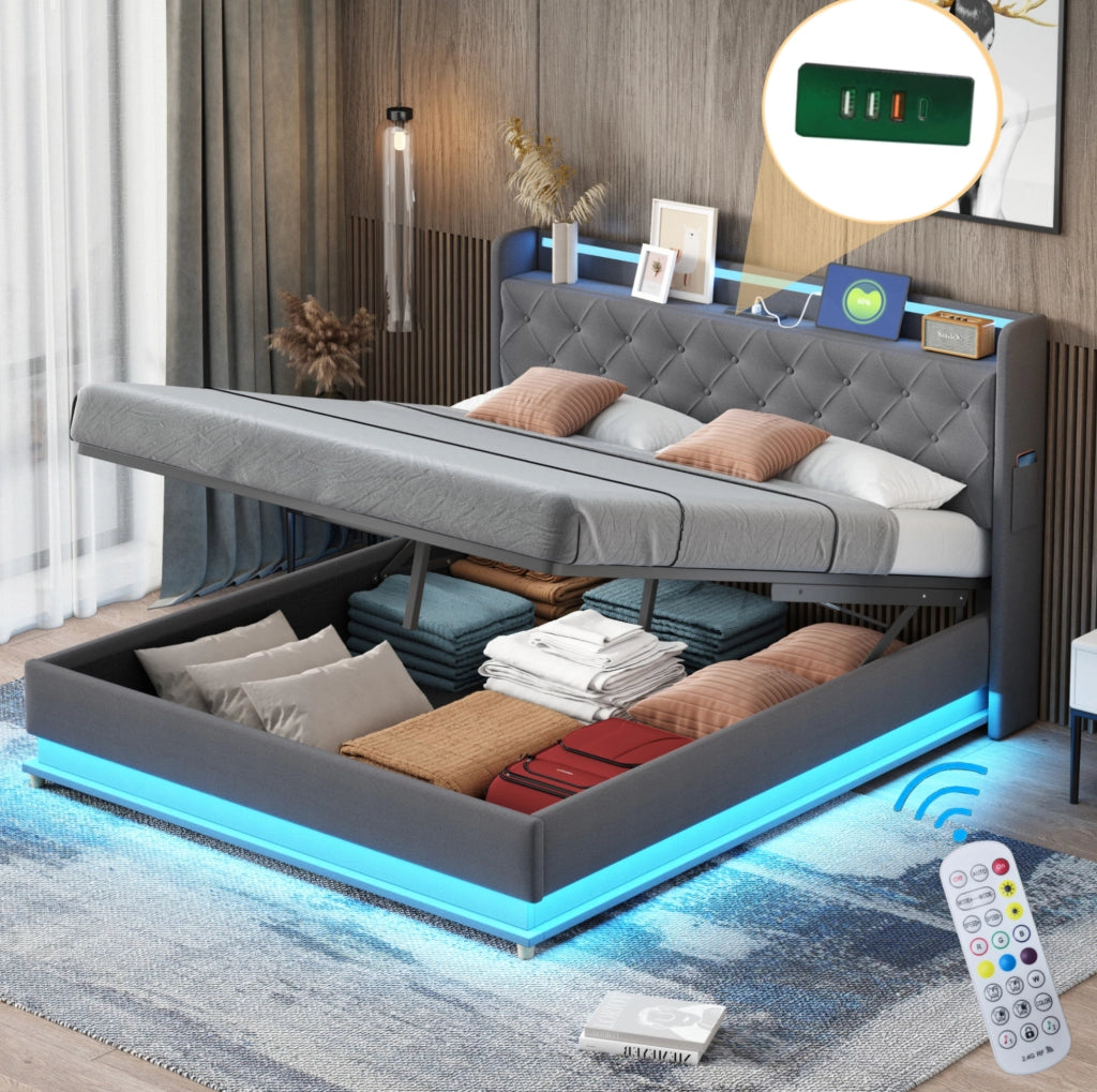 Letto imbottito LED 160x200 cm con porta USB e contenitore idraulico; grigio