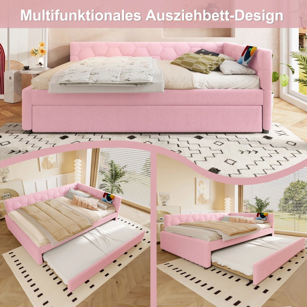 Letto con letto estraibile 140 × 200 cm con rete a doghe USB Type-C luce da comodino rosa