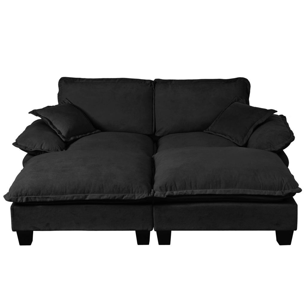 Divano angolare modulare 194x155x90 cm in ciniglia nera con 2 pouf