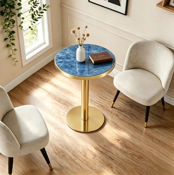Tavolino rotondo effetto marmo blu in MDF e metallo con bordo dorato