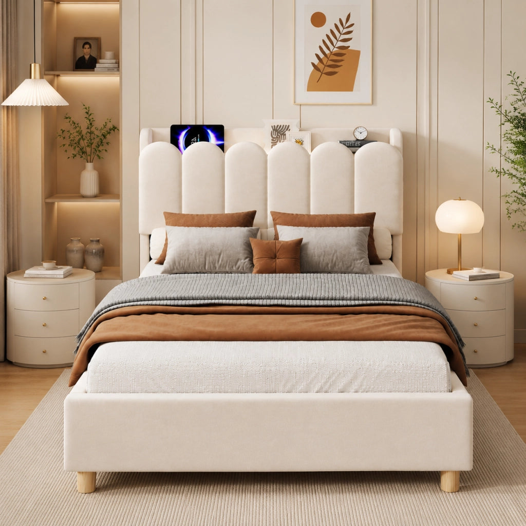 Letto imbottito per bambini in velluto 90 x 200 cm, letto singolo con luce da lettura, USB, Type-C, testiera trapuntata e rete a doghe, beige