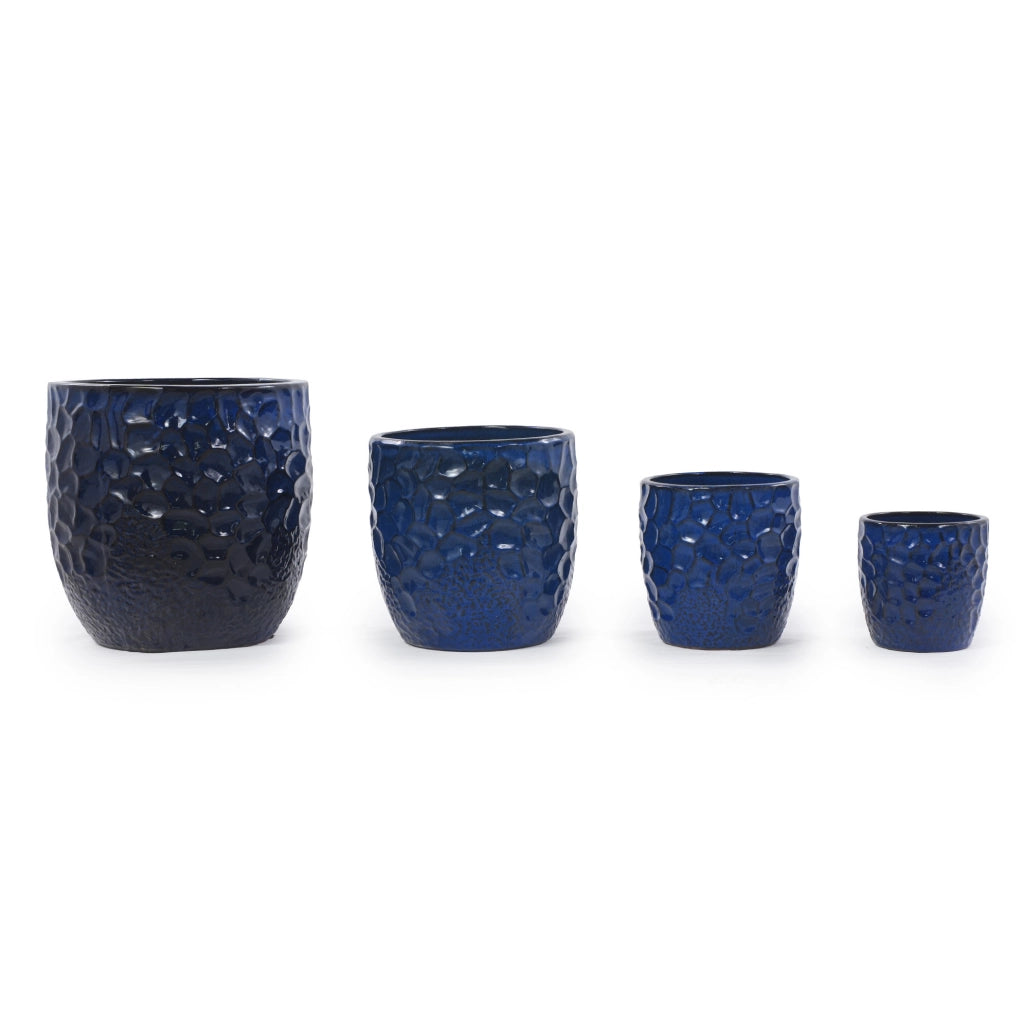 Vaso in Ceramica Smaltata Blu Scuro Ø22,5 cm con Motivo a Martellatura per Piante Grasse e Piante da Interno