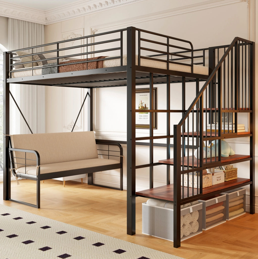 Letto a castello 140x200 cm nero con divano removibile, scala contenitore e struttura in metallo