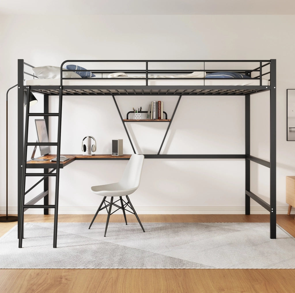 Letto a soppalco 90x200 cm con scrivania a L e ripiano, struttura in metallo nero