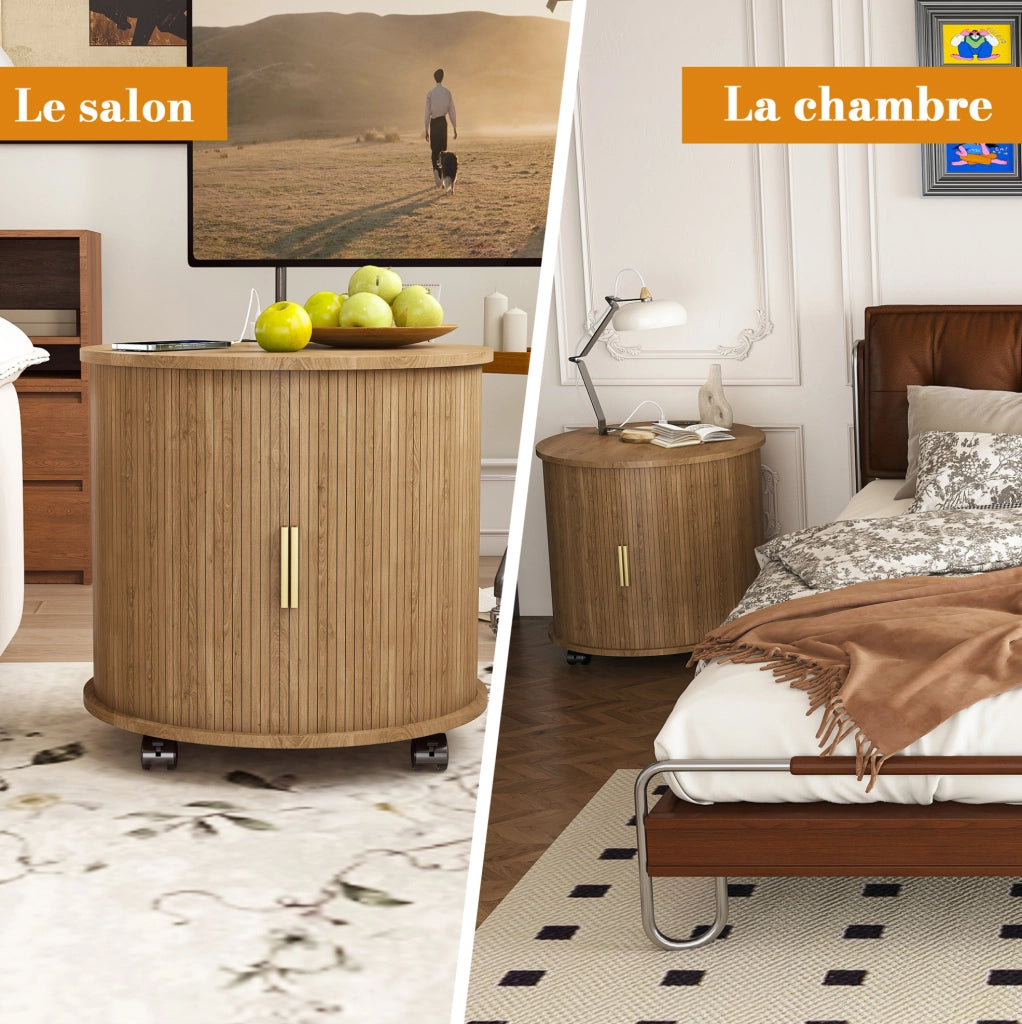 Comodino cilindrico stile Mid-Century con stazione di ricarica (presa elettrica + 2 USB), anta scorrevole e doppio vano, finitura effetto quercia, 60x60x60 cm