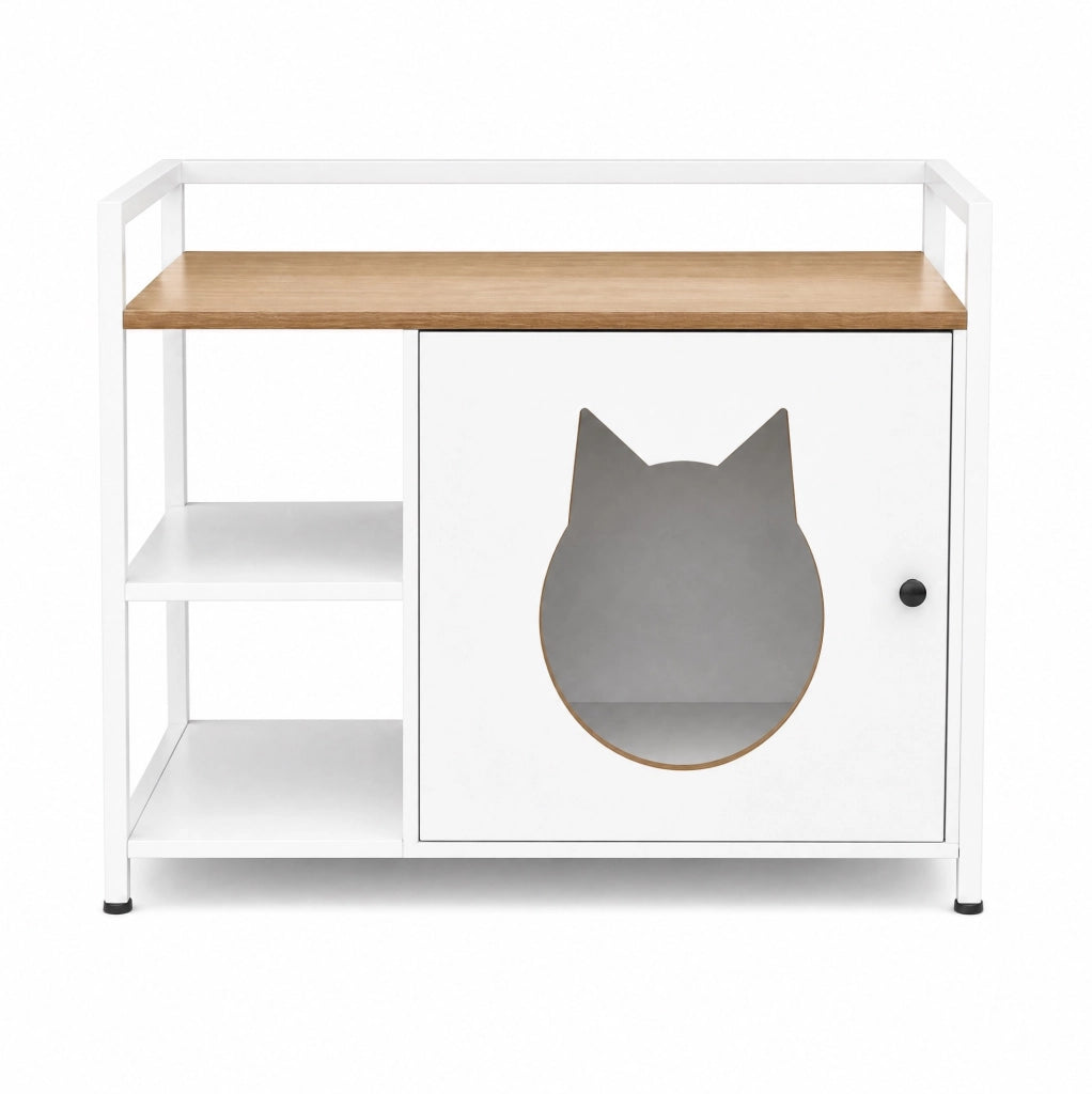 Mobile per lettiera gatto bianco e rovere chiaro in MDF e metallo, con 2 ripiani
