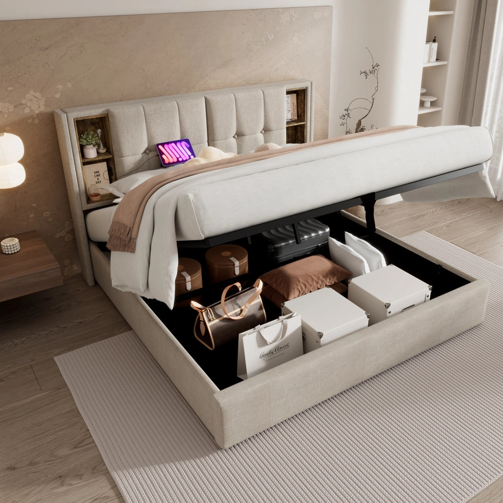 Letto matrimoniale imbottito 160 ¡Á 200 cm con vano contenitore ricarica wireless USB e USB C in lino naturale