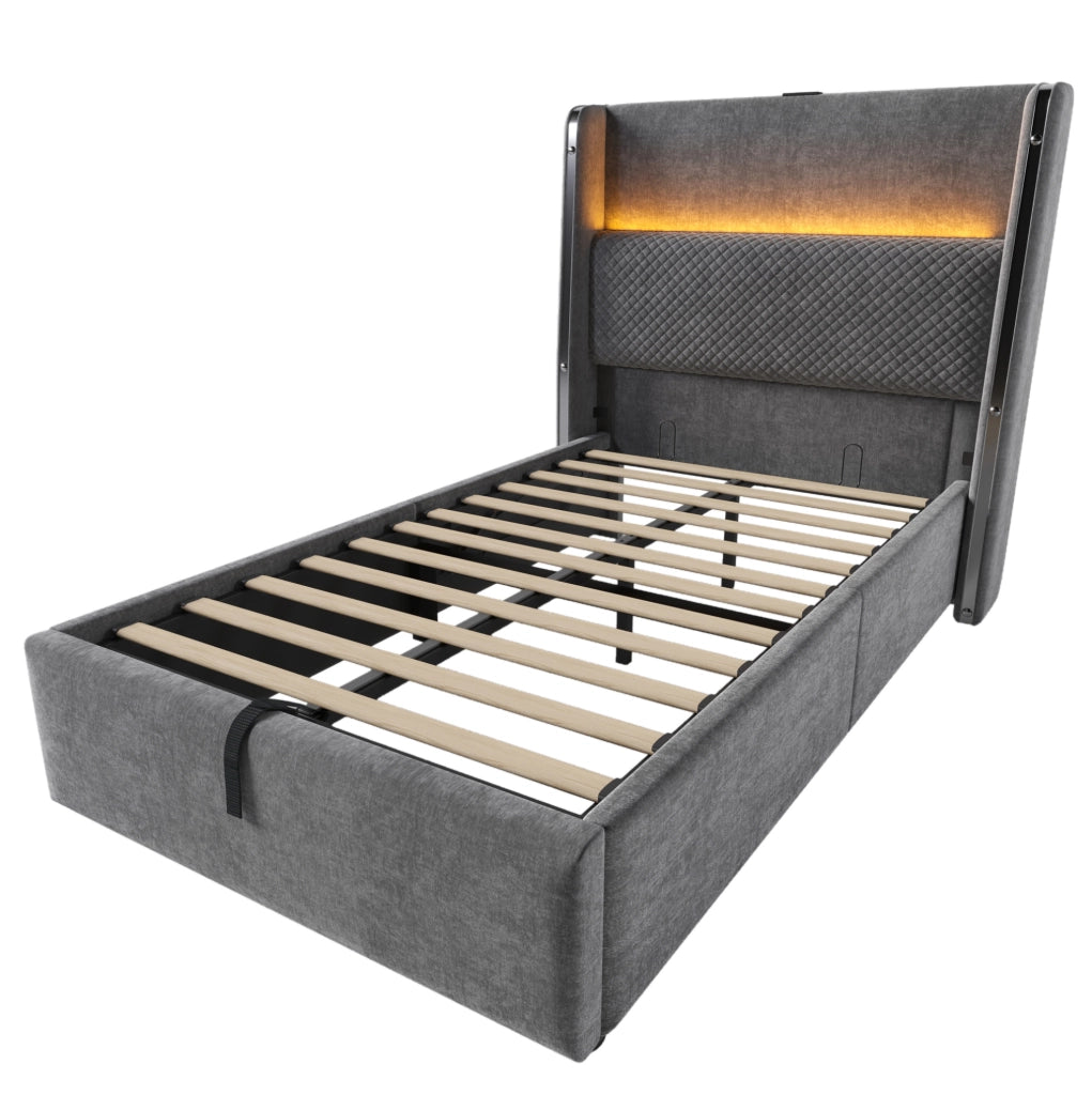 Letto singolo idraulico con testiera alta, LED e porte USB/Type-C