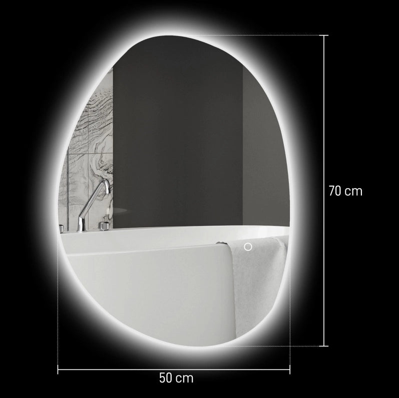 Specchio da bagno asimmetrico 70x50 cm con illuminazione LED e funzione antiappannamento, argento
