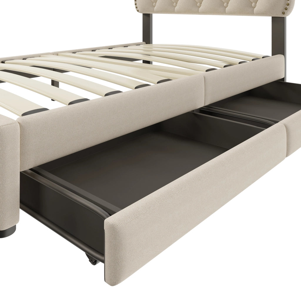 Letto con cassetti 90 × 200 cm imbottito con testiera regolabile e borchie decorative in lino e MDF beige scuro