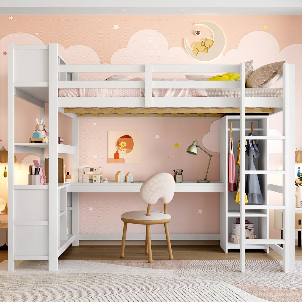 Letto a soppalco per bambini 140x200 cm con scrivania; armadio; mensole e vani portaoggetti; salvaspazio; bianco