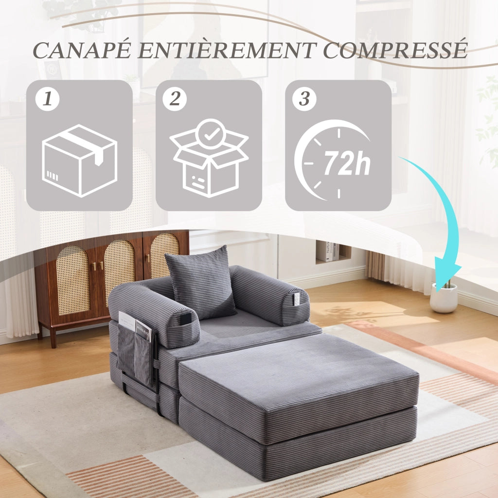 Poltrona con pouf modulare a compressione con tasca laterale e cuscino in velluto a coste grigio scuro