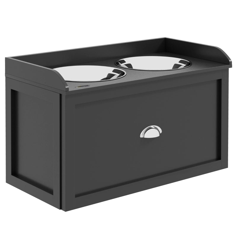 Stazione rialzata per ciotole cane con cassetto, 2 ciotole in acciaio inox da 2 L, nero, 60 x 30 x 36 cm