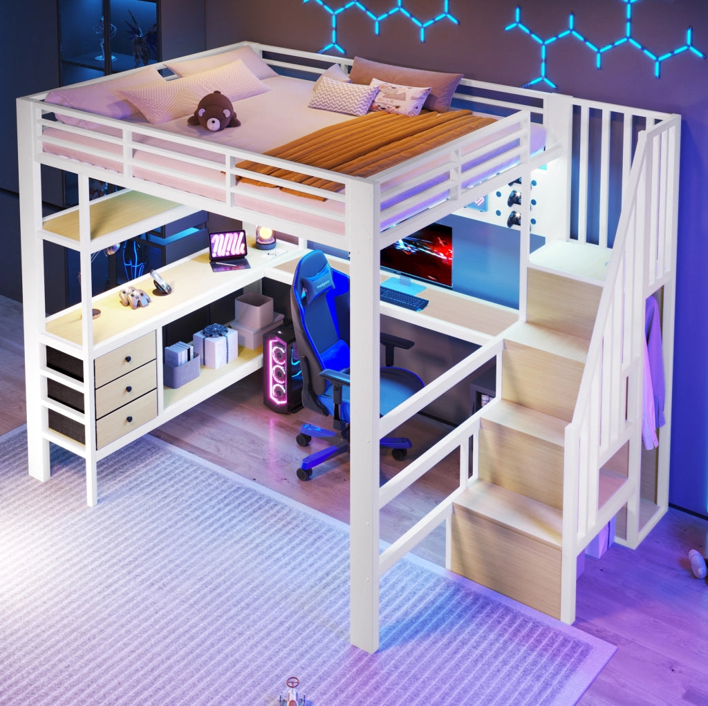 Letto a soppalco in metallo e MDF con scrivania, cassetti e LED