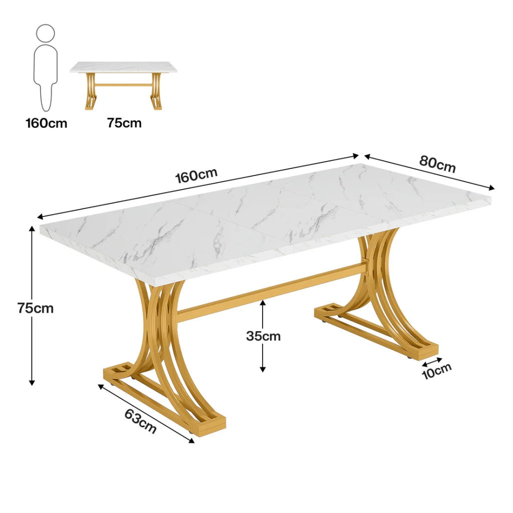 Tavolo da pranzo per 4-6 persone con piano in marmo artificiale e gambe in metallo, bianco e oro, 160 × 80 cm