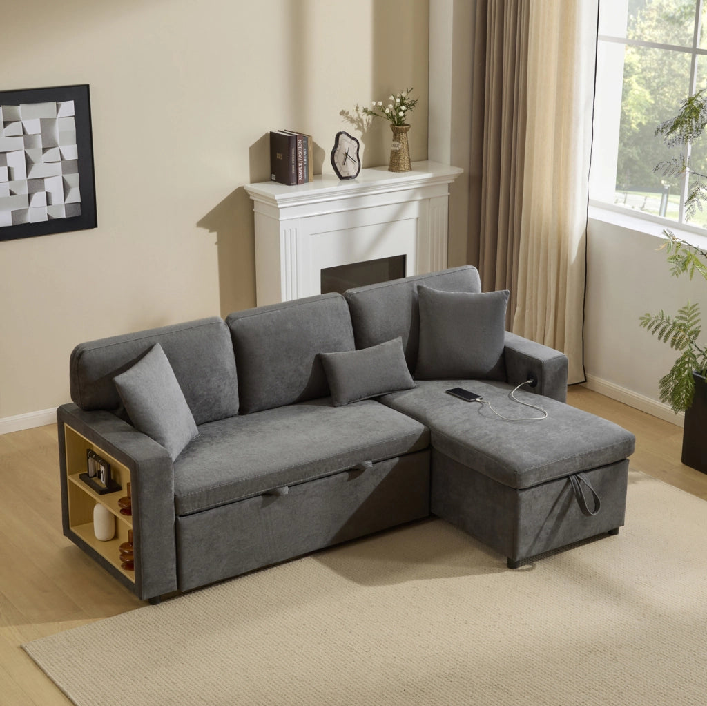 Divano letto angolare estraibile 214x131 cm con USB e contenitore grigio scuro