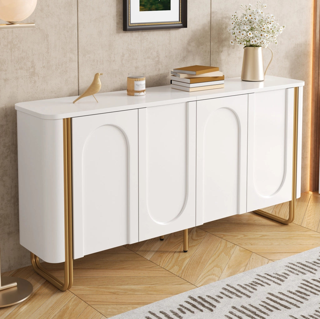 Credenza ULEVR 160x35x80,5 cm con 4 ante Push-to-Open e 4 vani interni, MDF bianco con piedi in ferro
