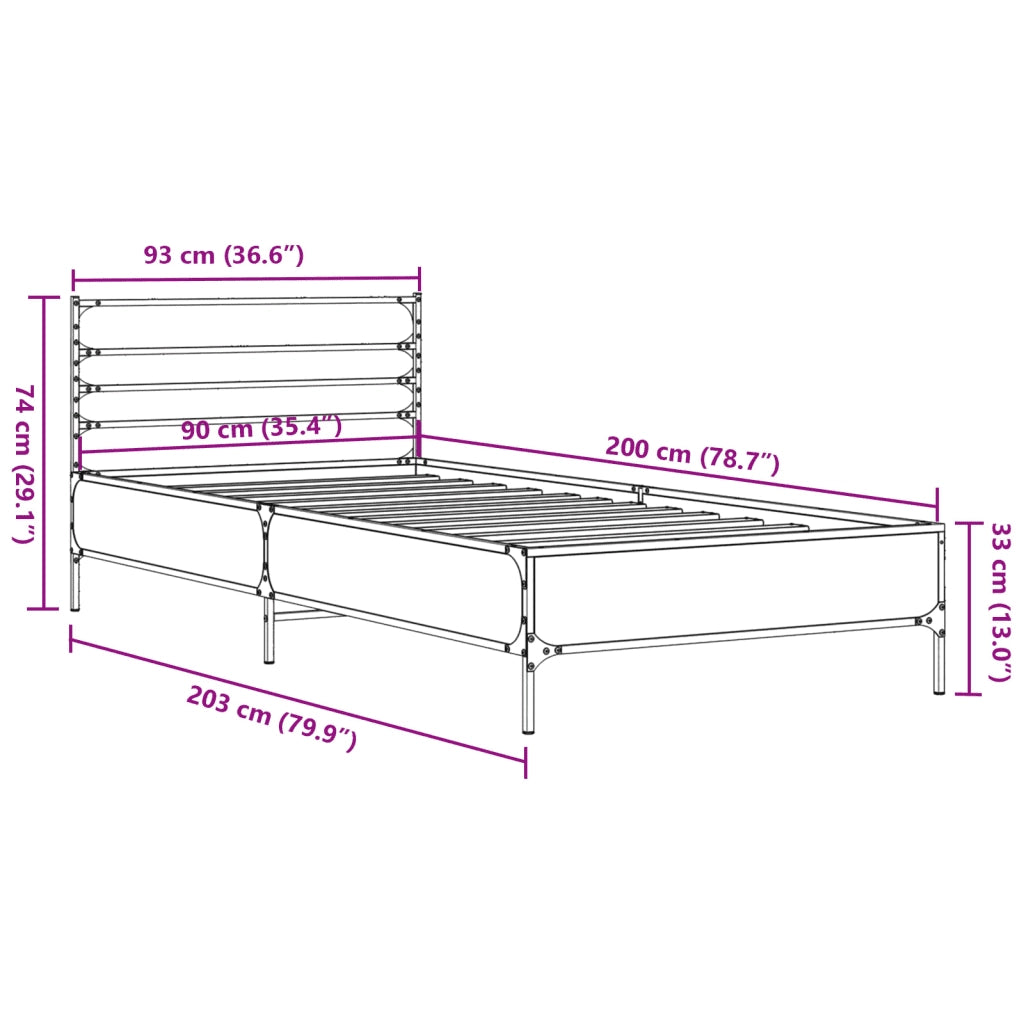 Letto singolo | Letto per adulti | Giroletto Rovere Fumo 90x200 cm in Legno Multistrato e Metallo