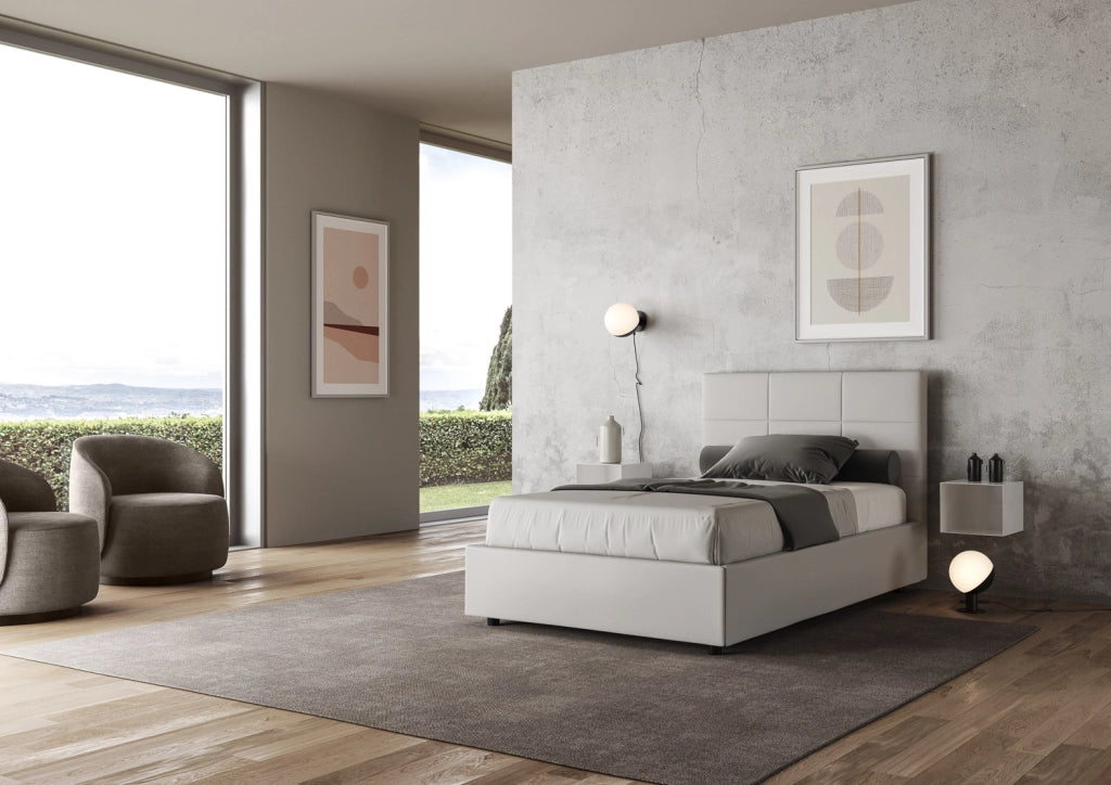 BS COM Letto una piazza e mezza con rete imbottito 130x210 similpelle bianco