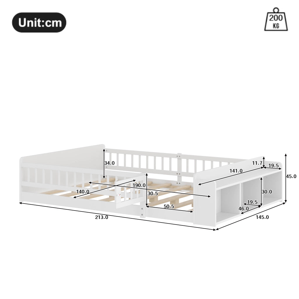 Letto per bambini 140 × 190 cm con ripiani e vano aperto; senza materasso; in legno di pino e MDF; bianco