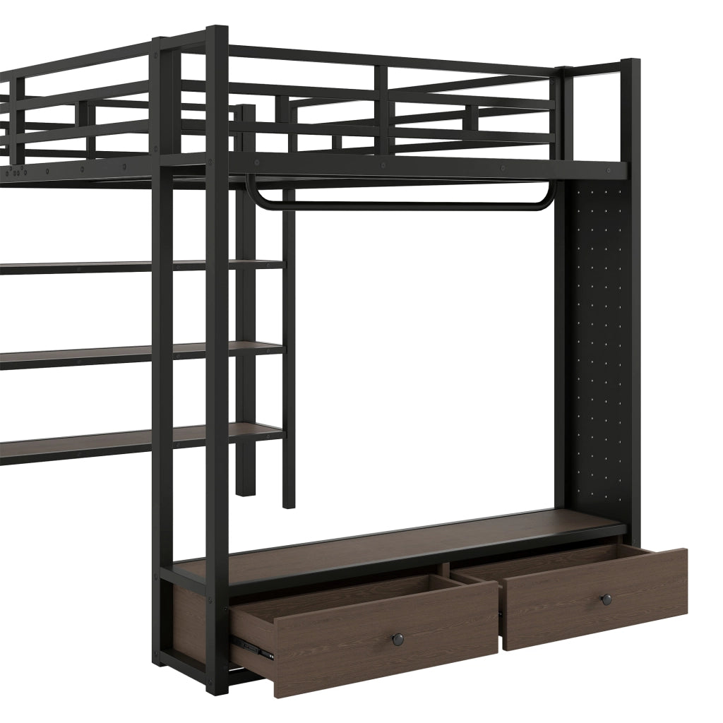 Letto a soppalco 140x200 cm con armadio aperto e LED in MDF e metallo nero