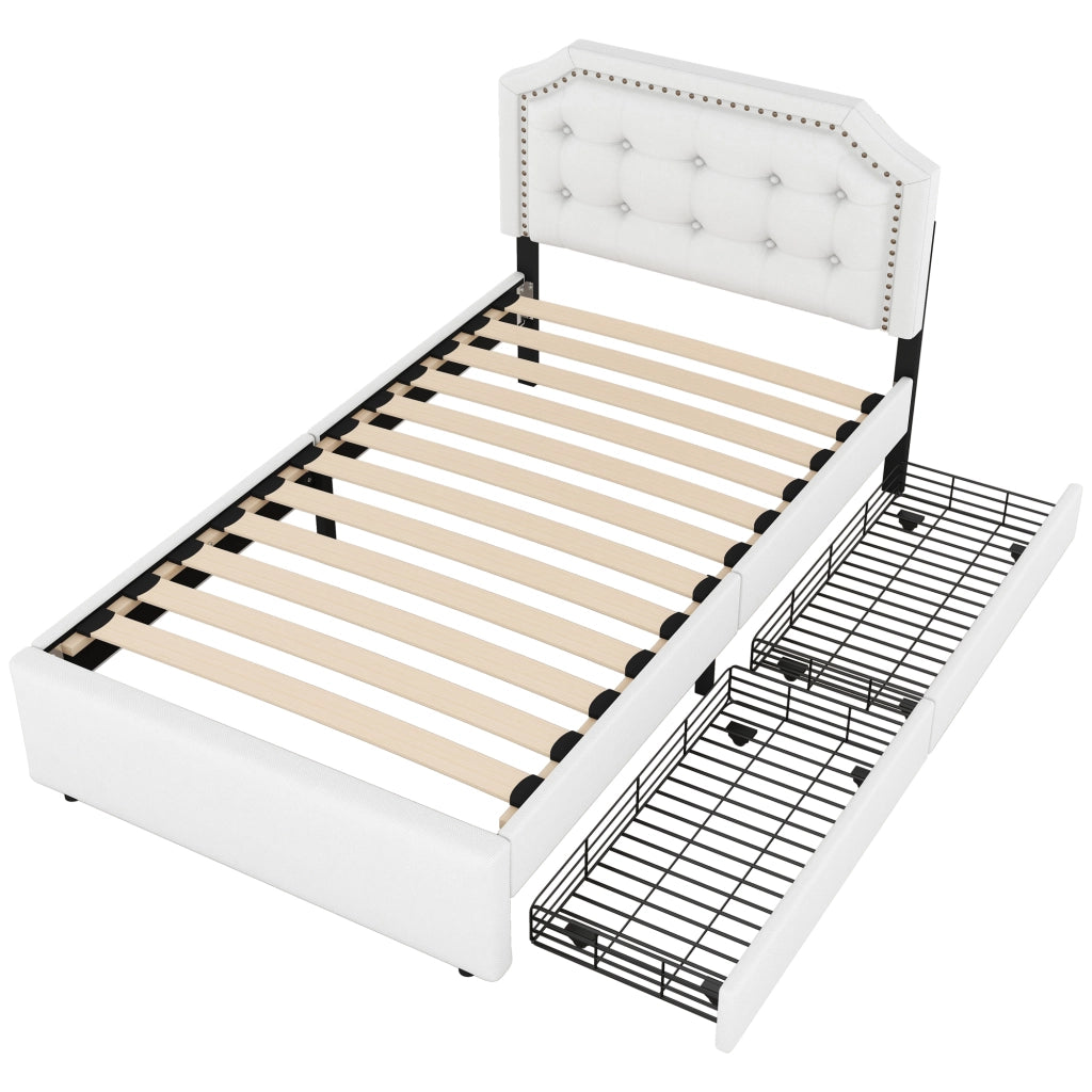 LETTO Imbottito 90x200 cm Beige Chiaro in MDF e lino con 2 cassetti