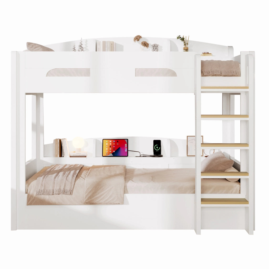 Letto a castello due posti 90 × 200 cm con presa USB e ripiani laterali in legno e MDF