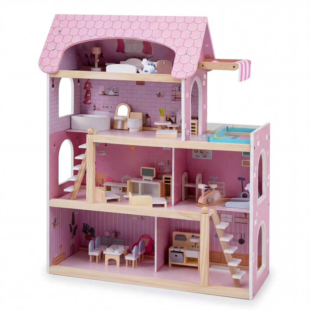 Casa dei giocattoli per bambini fai da te con 33 pezzi di mobili accessori, Casa delle bambole in legno per ragazzi e ragazze Rosa
