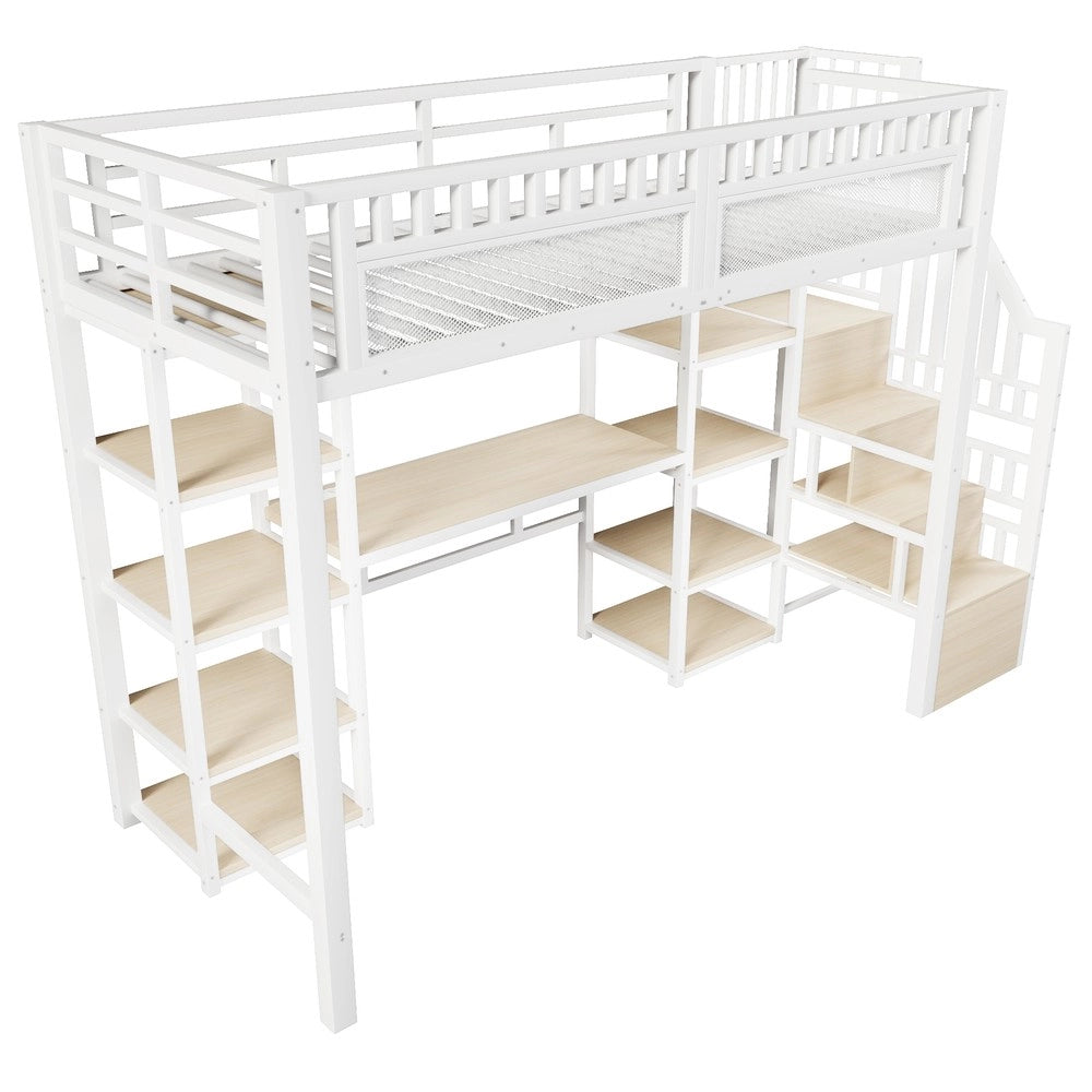 Letto a Soppalco con Scrivania e LED ¨C MINIMAL ¨C Bianco, 90x200, Struttura in Metallo