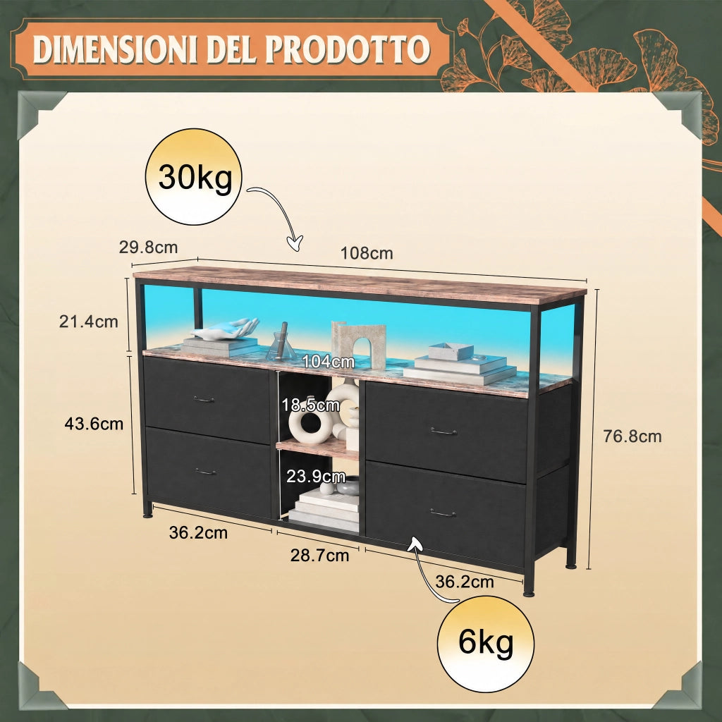 Mobile TV 108x29x76 cm, Mobile Soggiorno con 2 Ripiani e 4 Cassetti, Luci LED RGB con Cassetti e Ripiani Aperti per Soggiorno, Camera da Letto, Nero