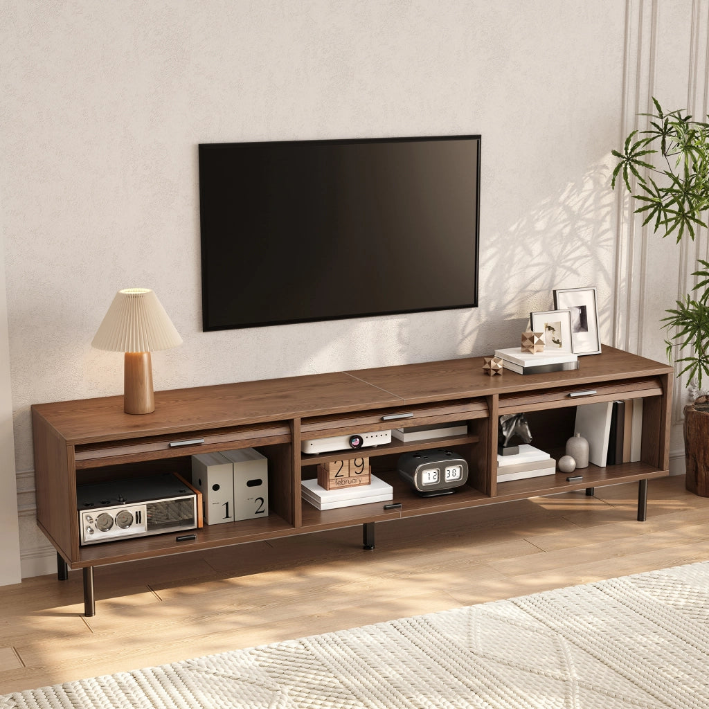 Mobile Porta TV Noce 180 cm con 3 Ante Scorrevoli e Piedini in Metallo Nero
