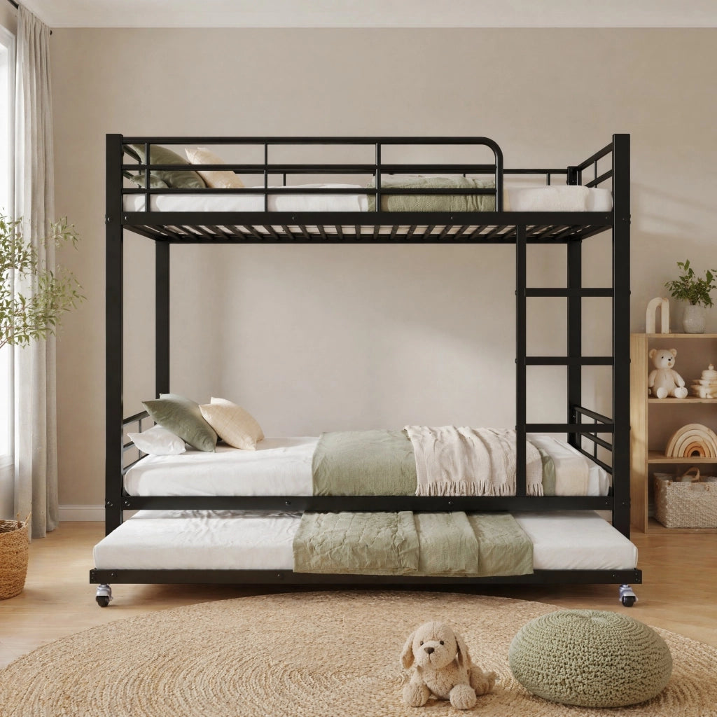Letto a castello in metallo con letto estraibile; 90x200 cm e 90x190 cm; nero