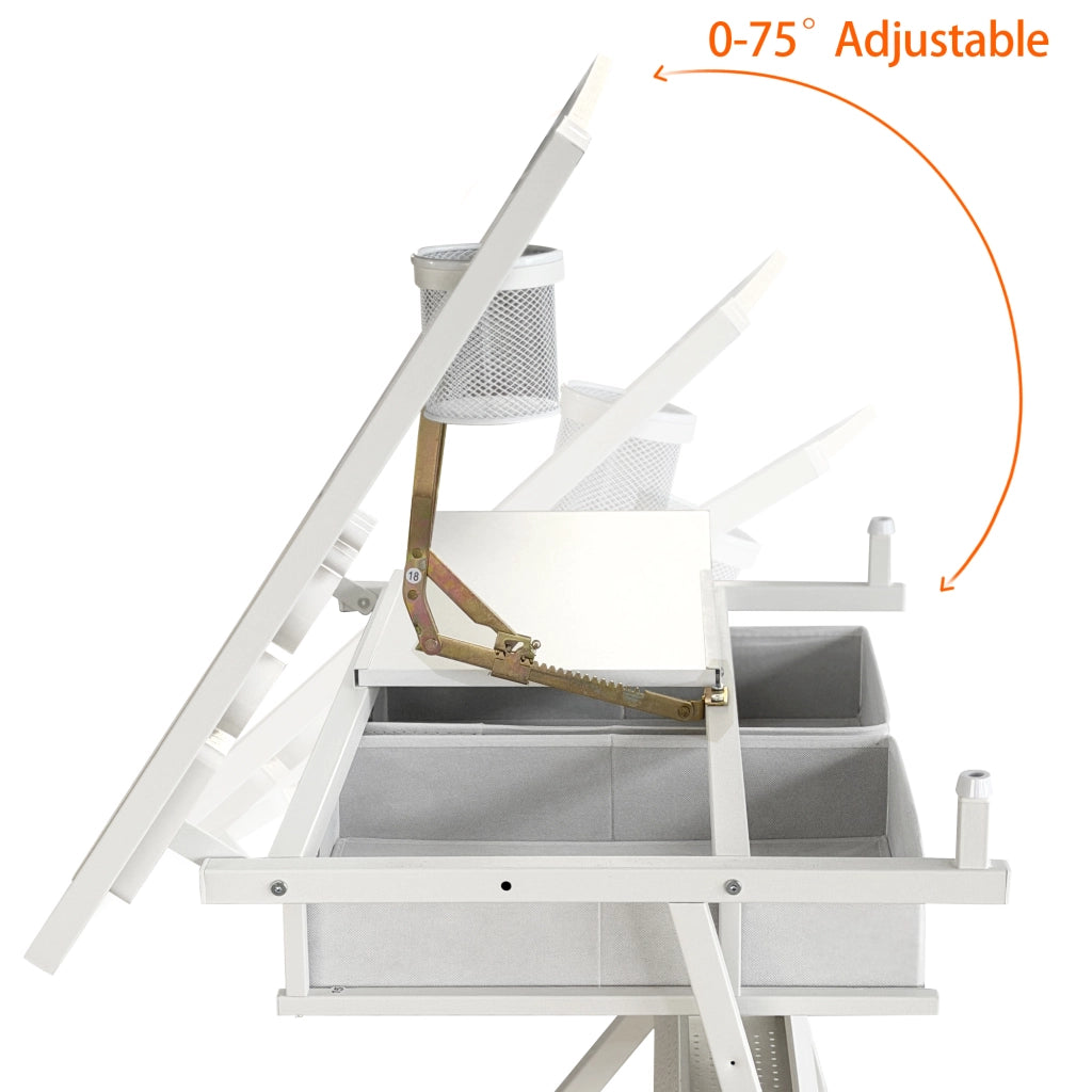 Tavolo da disegno regolabile con 2 cassetti per home office e scuola, con sgabello (tutto bianco)