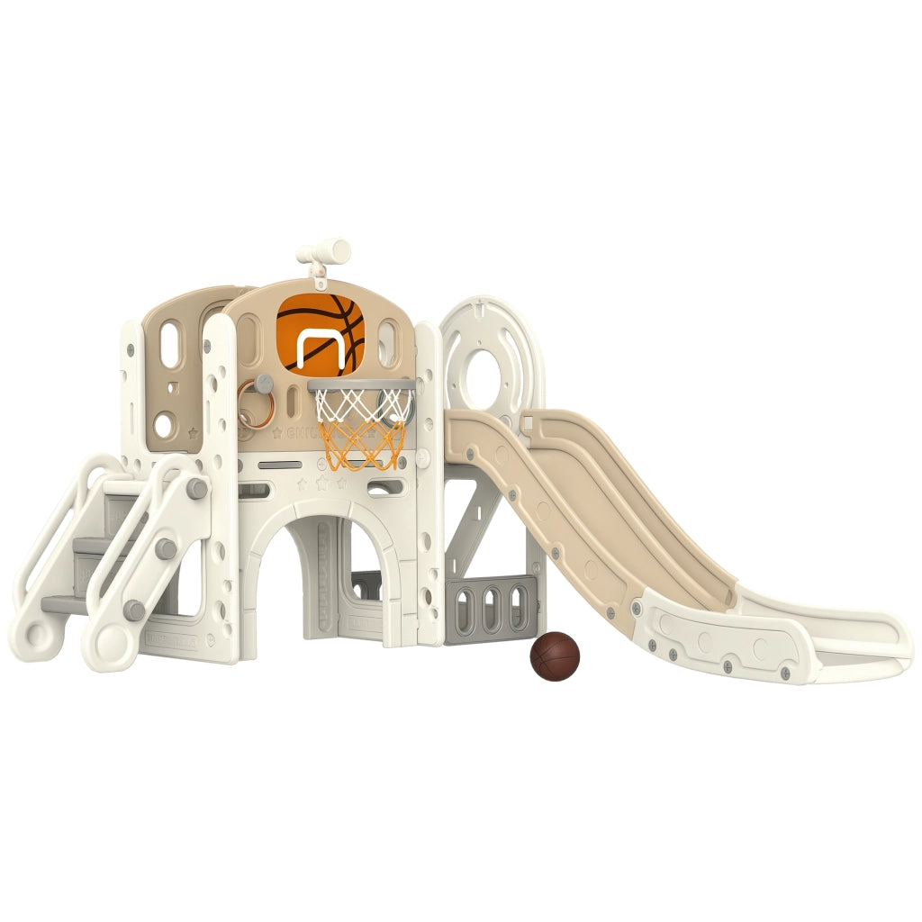 Set gioco multifunzione 7 in 1 con scivolo ¨C Xylo ¨C scaffale contenitore tunnel bambini 186x153x111 cm crema