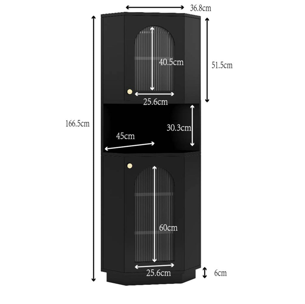 Mobile da bagno angolare nero con luci LED, 45x45x166,5 cm, con ripiani regolabili e vano aperto