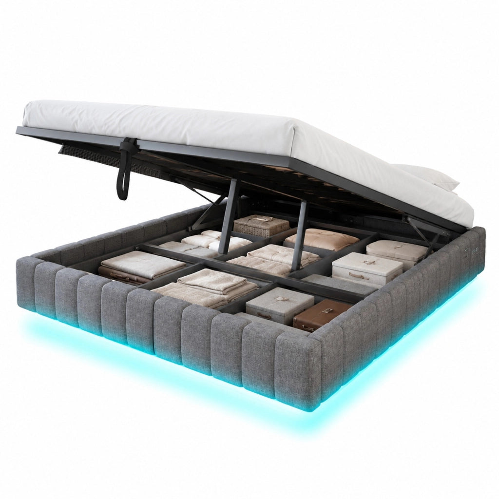 Letto imbottito sospeso 160x200 cm con vano contenitore e luce LED