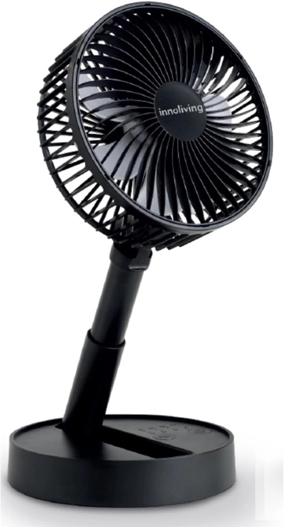Innoliving Ventilatore Pieghevole Ricaricabile Senza Fili,Altezza Regolabile, 3 Velocità, Angolo 90°, Batteria Litio 1800mAh, Ricarica USB, Portatile, Conveniente (Nero, 15 cm Pieghevole)