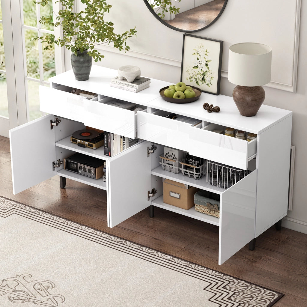 Credenza Bianca Lucida Mobile Buffet 160 cm con 4 Cassetti e 2 Ante