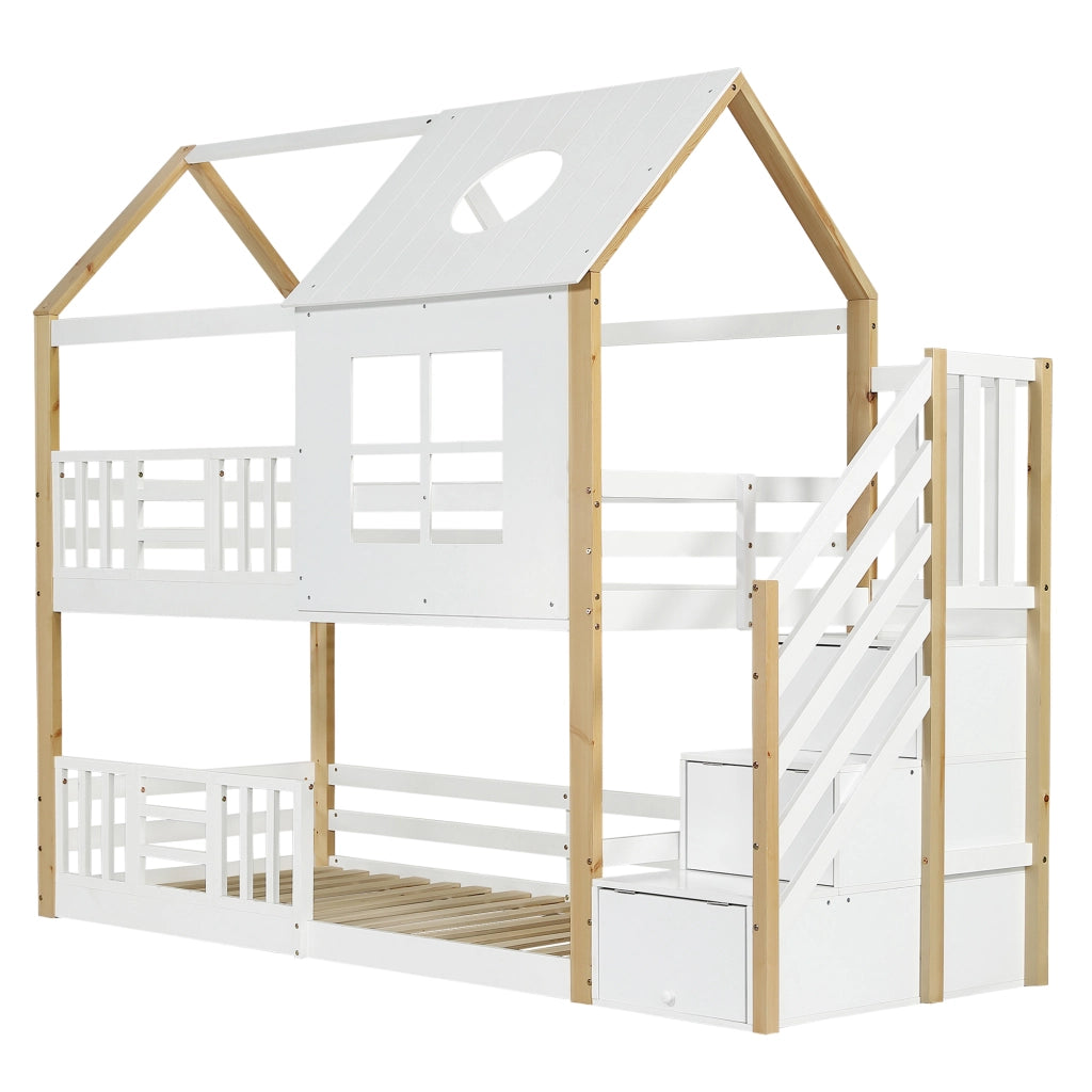 OKWISH Letto a Castello 90×200 cm, Letto Singolo con Scala Contenitore, Sponde e Design a Casetta, senza Materasso, Bianco Naturale