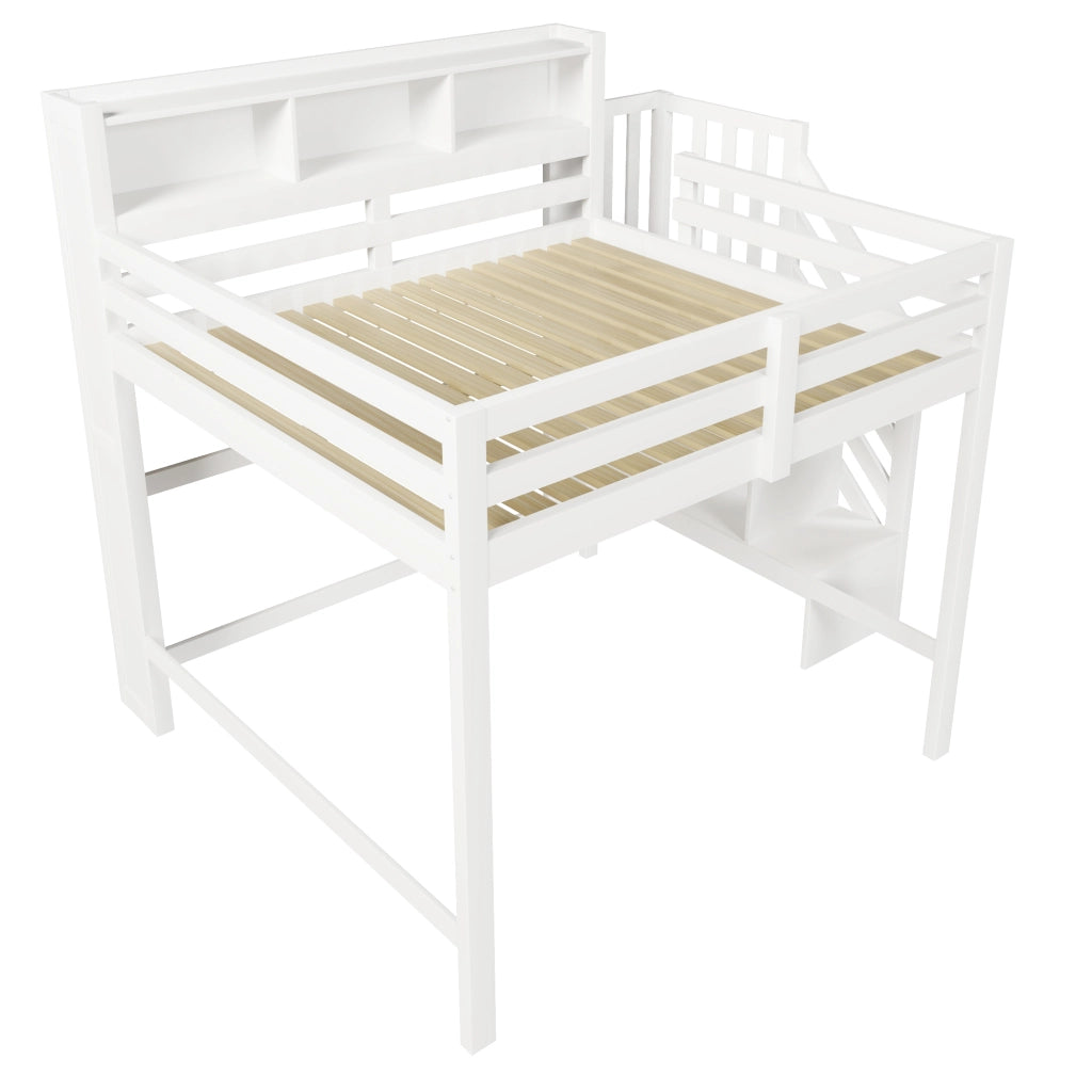Letto a soppalco 140 × 200 cm con LED scala contenitore vani aperti e sponde in legno bianco per cameretta