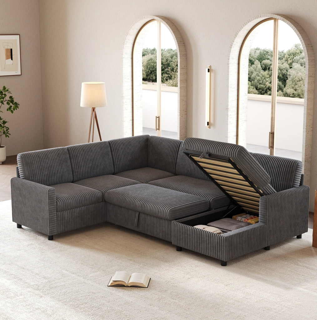 Divano angolare a U con funzione letto; contenitore; corduroy grigio 274x220x85 cm
